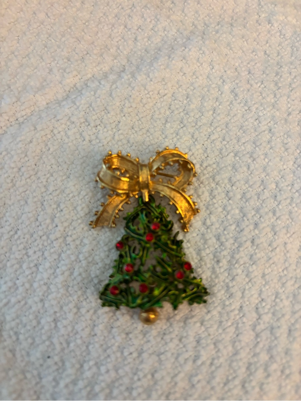 Gold Bow & Green Christmas Tree Pin with Red Accents